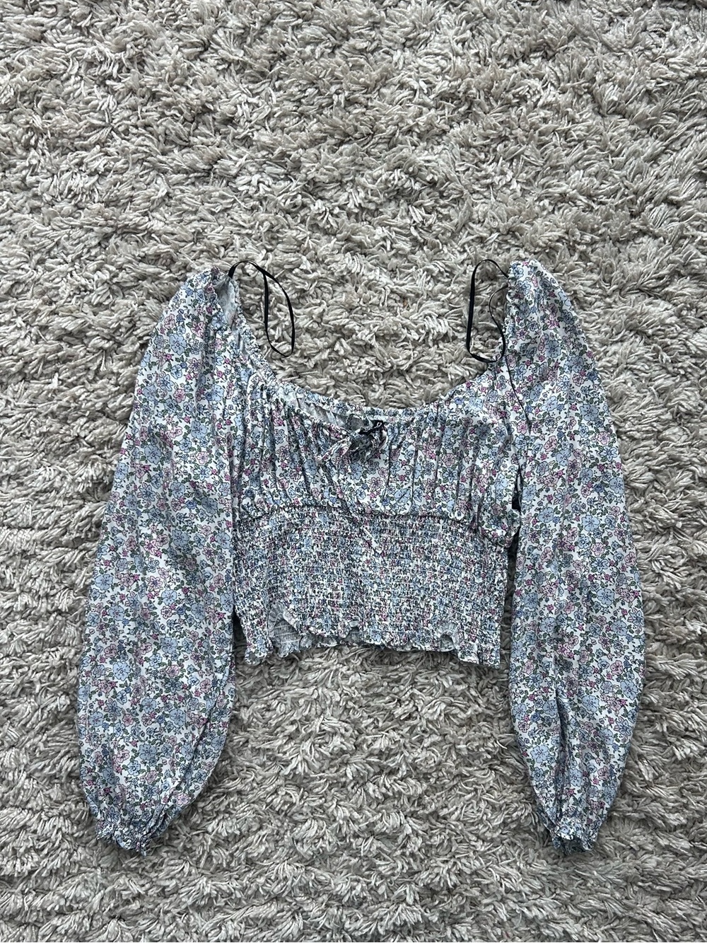 H&M Blue Floral Smocked Front Tie Crop Top